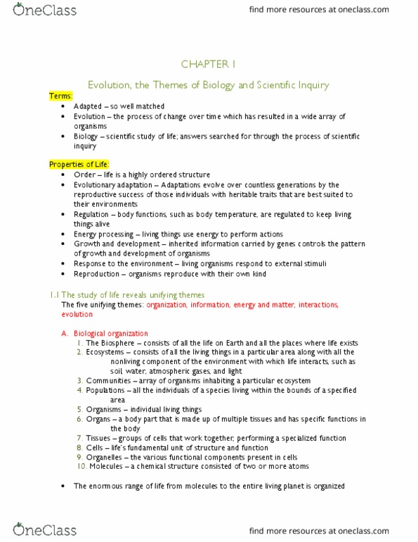 BIOL 1911 Chapter Notes - Chapter 1: Section 1 and 2: Systems Biology, Reductionism, Chemical Energy thumbnail